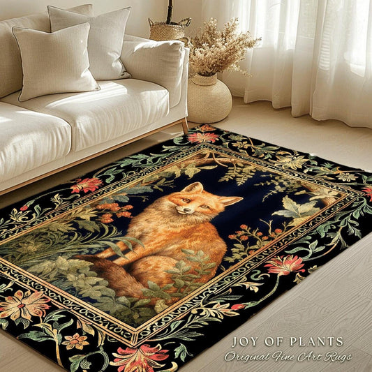 Whimsical Forest Fox Rug Dark Cottagecore Decor | Eclectic Art Fox Area Rug Bedroom Forestcore Decor Morris Inspired Boho Fairycore Fox Rug