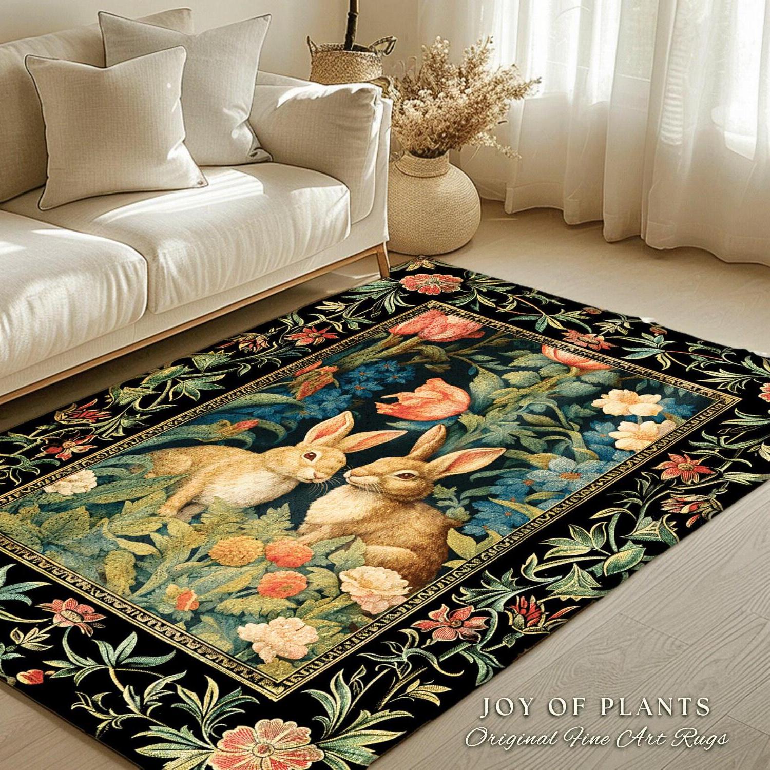 Pastel Floral Rabbit Bedroom Decor William Morris Inspired Cottagecore Room Light Academia Rug | Mystical Home Bunnies in the Tulips Rug