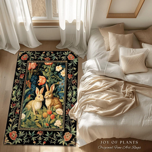 Pastel Floral Rabbit Bedroom Decor William Morris Inspired Cottagecore Room Light Academia Rug | Mystical Home Bunnies in the Tulips Rug