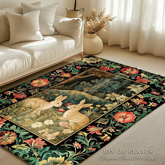 Botanical Bedroom Decor Round Bunny Rug Morris Inspired Cottagecore Light Academia Style Rug | Soft Aesthetic Victorian Floral Rabbit Rug