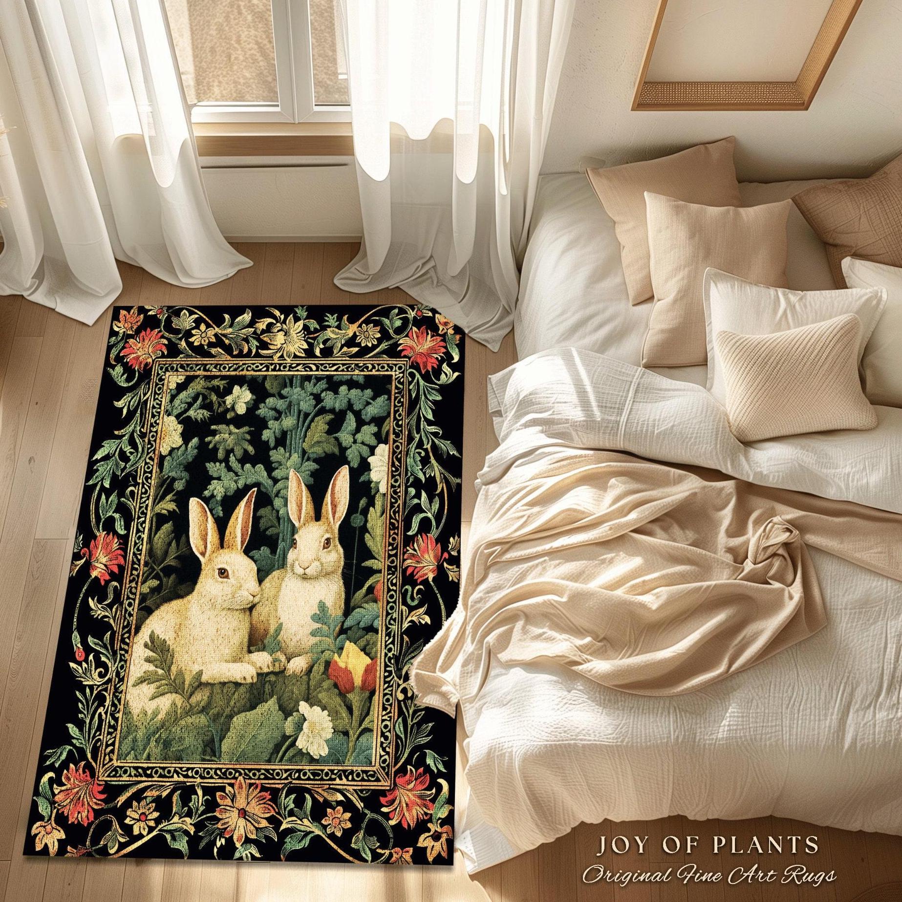 Botanical Bedroom Decor Round Bunny Rabbit Rug Morris Inspired Cottagecore Woodland Whimsy Style Home | Floral Bunny Rabbit Fairycore Rug