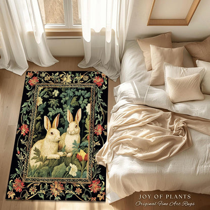 Bunny Rabbit Floral Rug | Botanical Bedroom Decor William Morris Inspired Cottagecore Room Light Academia Style Rug Mystical Home Accent