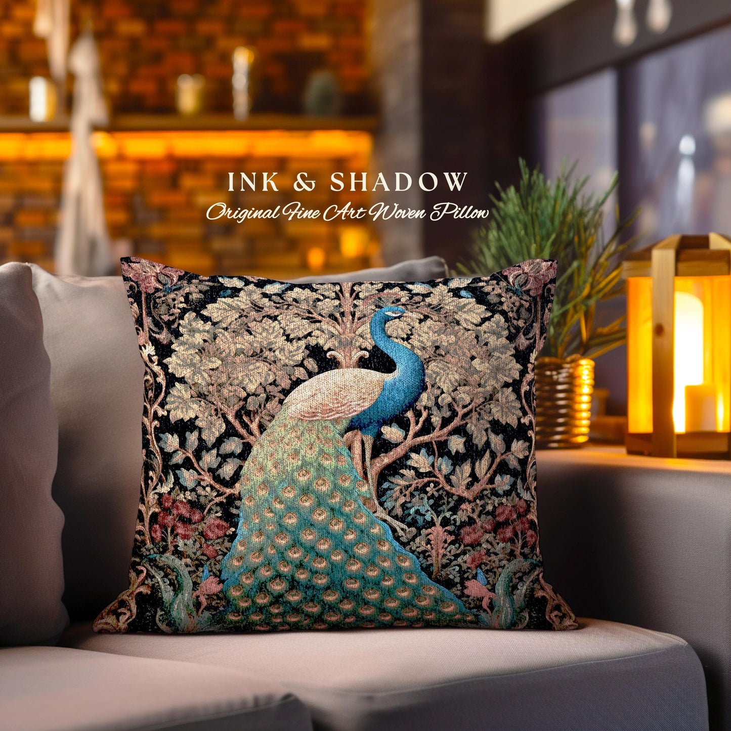 Maximalist Aesthetic Peacock Pillow | William Morris Inspired Peacock Woodland Decor Cushion Botanical Ornate Home Decor Eclectic Throw