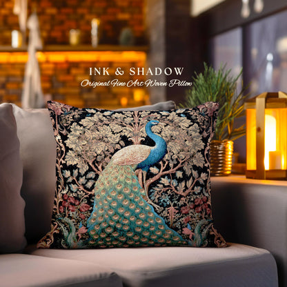 Maximalist Aesthetic Peacock Pillow | William Morris Inspired Peacock Woodland Decor Cushion Botanical Ornate Home Decor Eclectic Throw