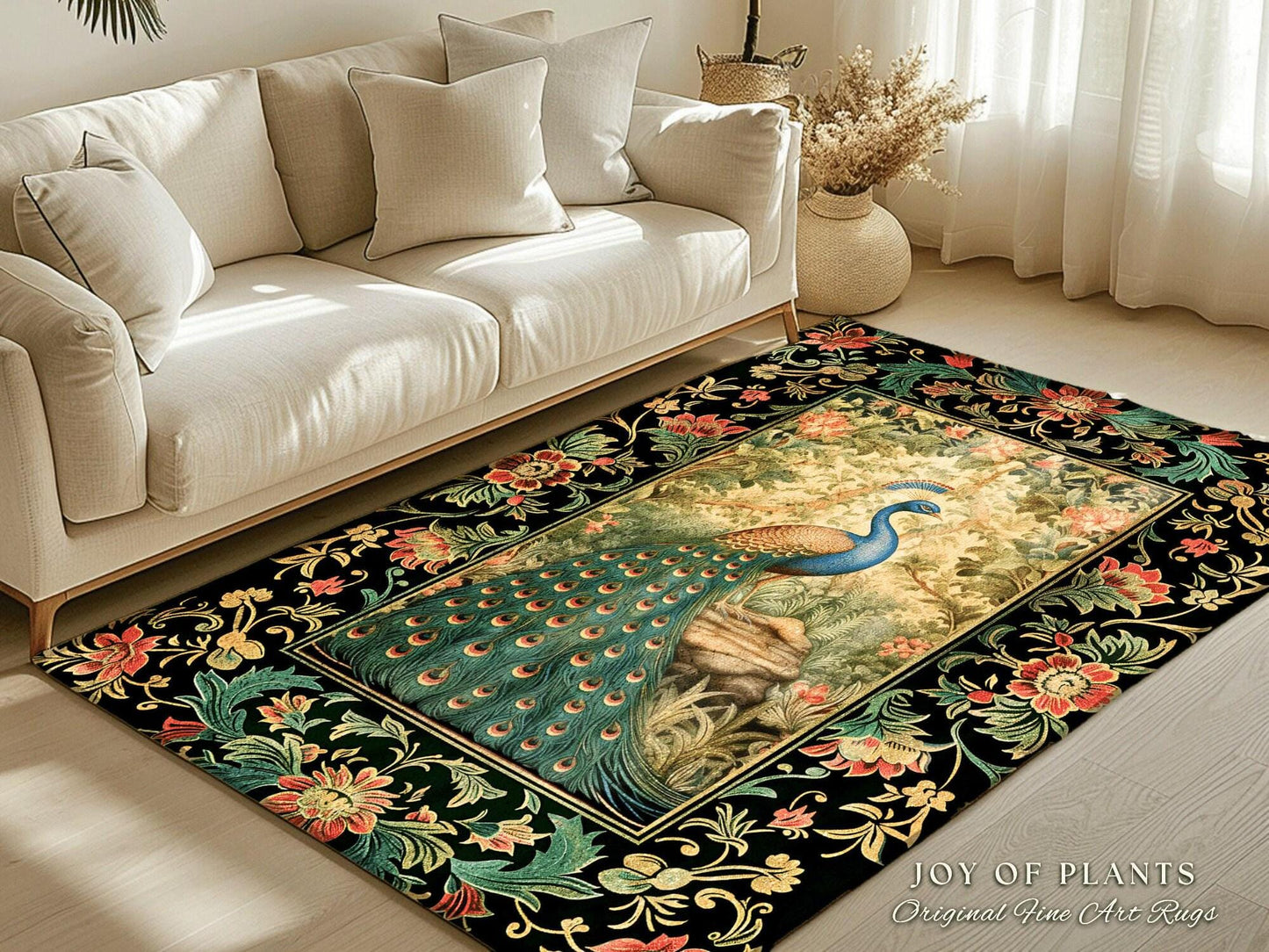 Botanical Bedroom Decor Round Peacock Rug Morris Inspired Cottagecore Room Light Academia Style Mystical Bird Art | Maximalist Peacock Rug