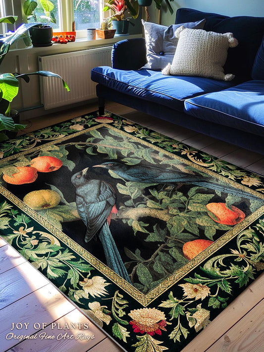 Dark Cottagecore Forest Crow Rug Gothic Woodland Bird Decor | Whimsigoth Dark Botanical Forestcore Room Decor Raven Rug Crowcore Aesthetic