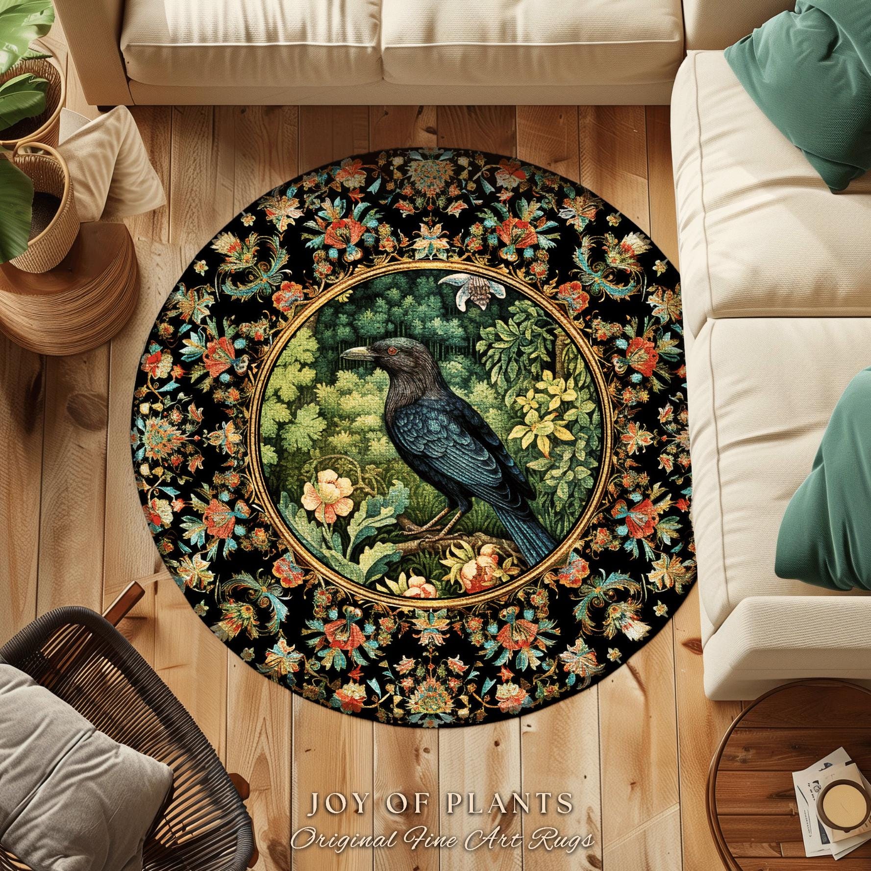 Botanical Forestcore Round Raven Rug Witchy Bedroom Crow Decor Morris Inspired Cottagecore, Dark Academia Mystical Woodland Crowcore Art