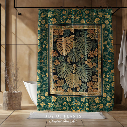 Enchanted Grove Botanical Shower Curtain | Forestcore Home Decor Cottagecore Maximalist Whimsical Monstera Vibes Trendy Bathroom Artwork |
