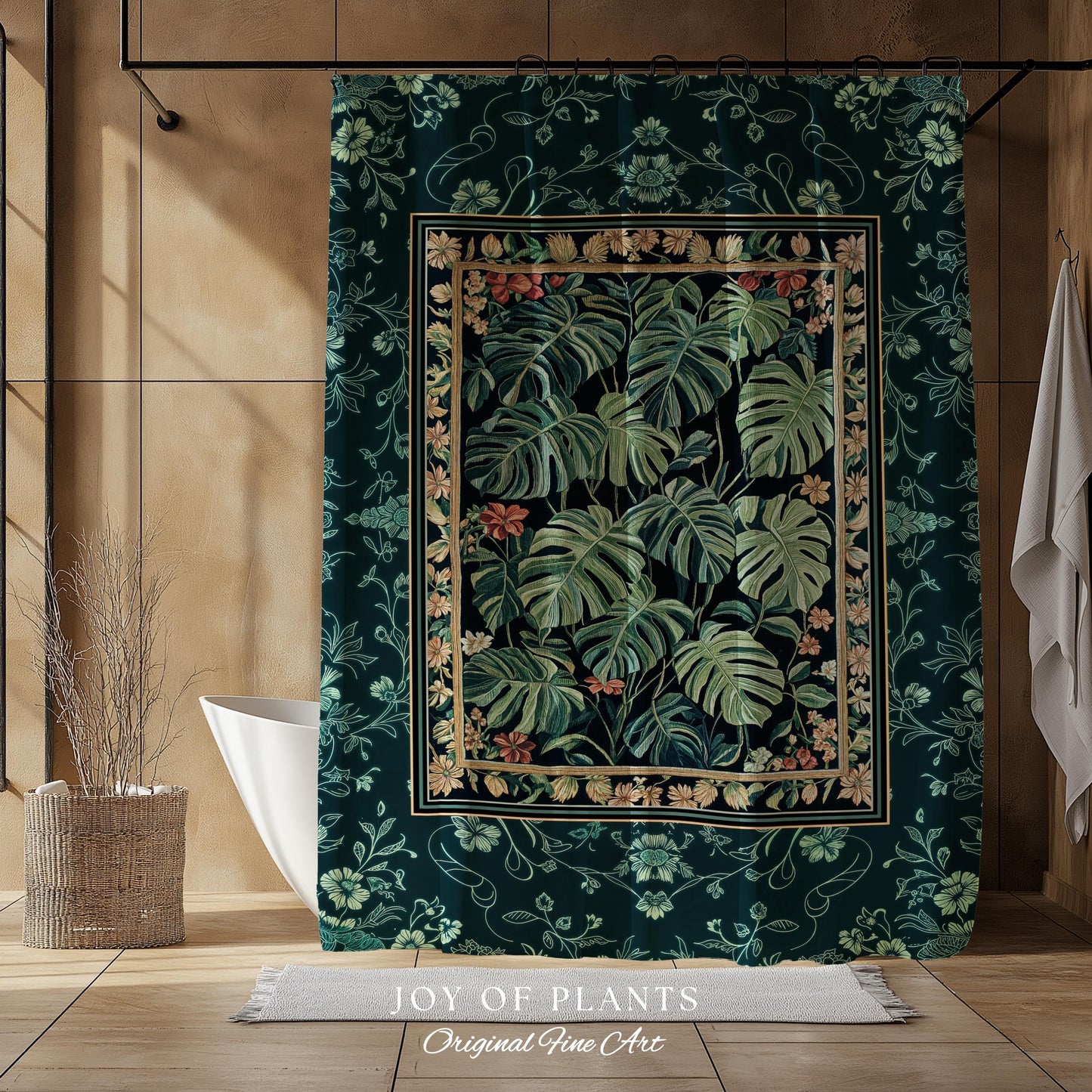Dark Woodland Maximalist Monstera Shower Curtain | Tropigoth Botanical Bathroom Houseplant Lover Forestcore Costal Aesthetic Emerald Green |