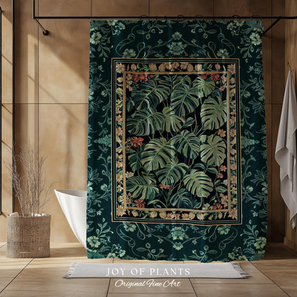 Dark Woodland Maximalist Monstera Shower Curtain | Tropigoth Botanical Bathroom Houseplant Lover Forestcore Costal Aesthetic Emerald Green |
