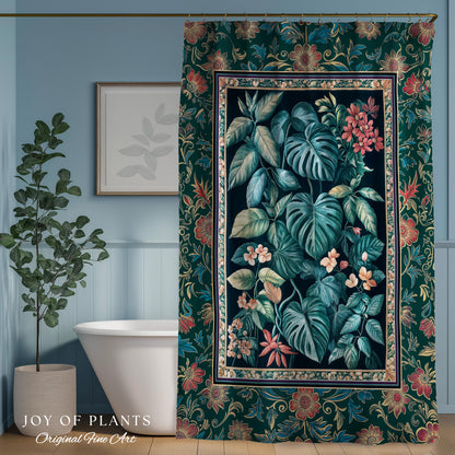 Elegant Botanicals Dark Forestcore Shower Curtain | Woodland Fairycore Tapestry Dark Cottagecore Vintage Style Moody Bathroom Teal Aesthetic