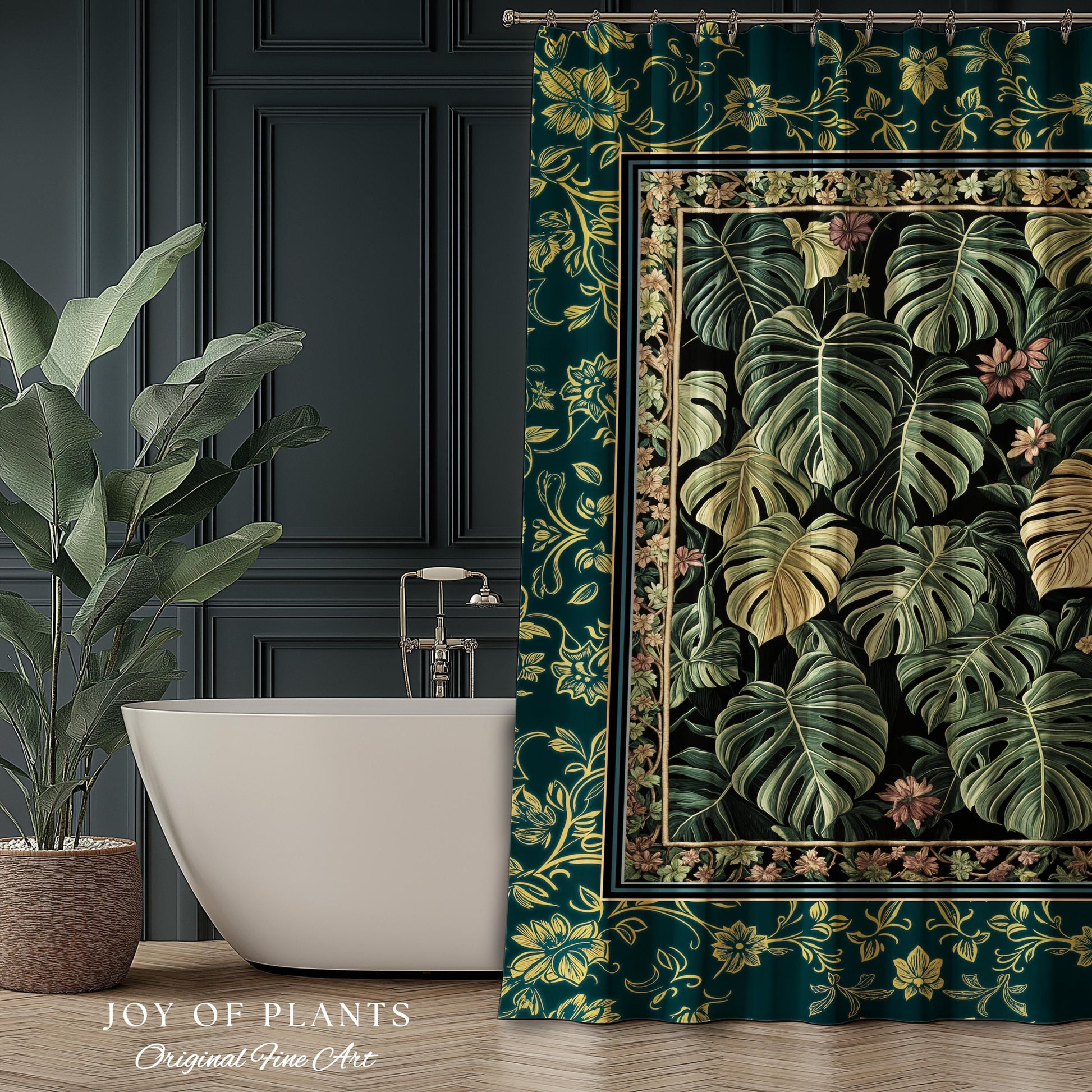 Monstera Shower Curtain Unique | Herbology Style Dark Cottagecore Tropical Aesthetic Dark Floral Houseplant Botanical Bathroom Whimsical |