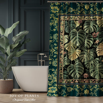 Monstera Shower Curtain Unique | Herbology Style Dark Cottagecore Tropical Aesthetic Dark Floral Houseplant Botanical Bathroom Whimsical |