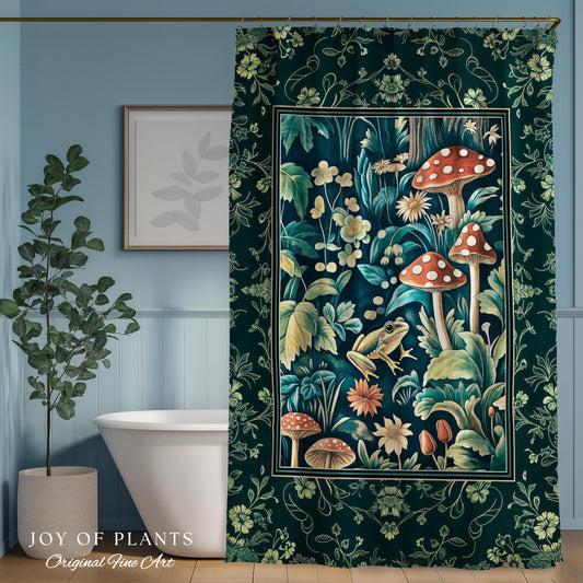 Frog and Mushroom Cute Cottagecore Shower Curtain | Eclectic Woodland Whimsy Toadstool Aesthetic Nature Lover Fairytale Inspired Bathroom |
