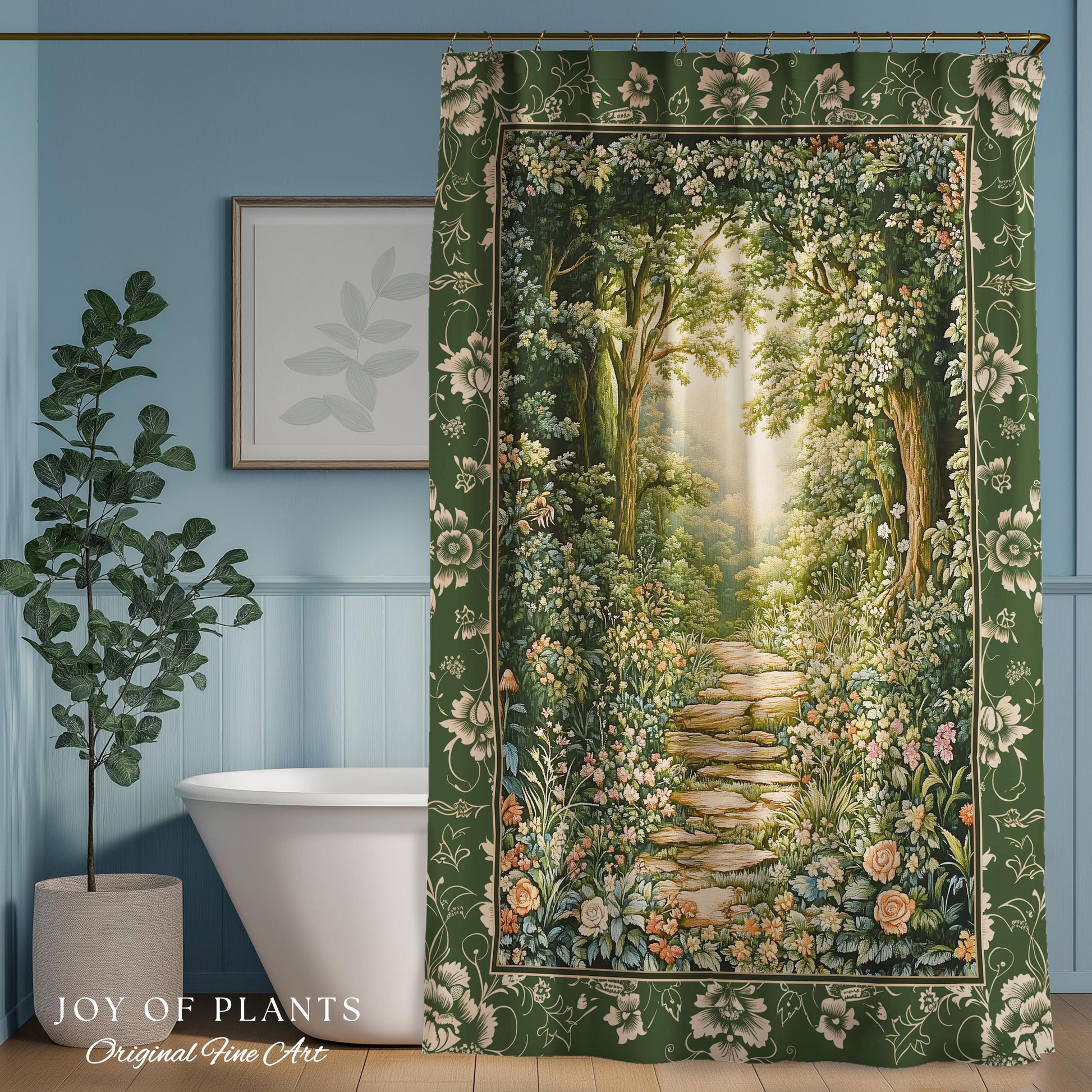 Mystic Garden Fairytale Landscape Shower Curtain | Fairycore Woodland Nature Lover Aesthetic Cozy Earthy Bathroom Decor Whimsical Floral |