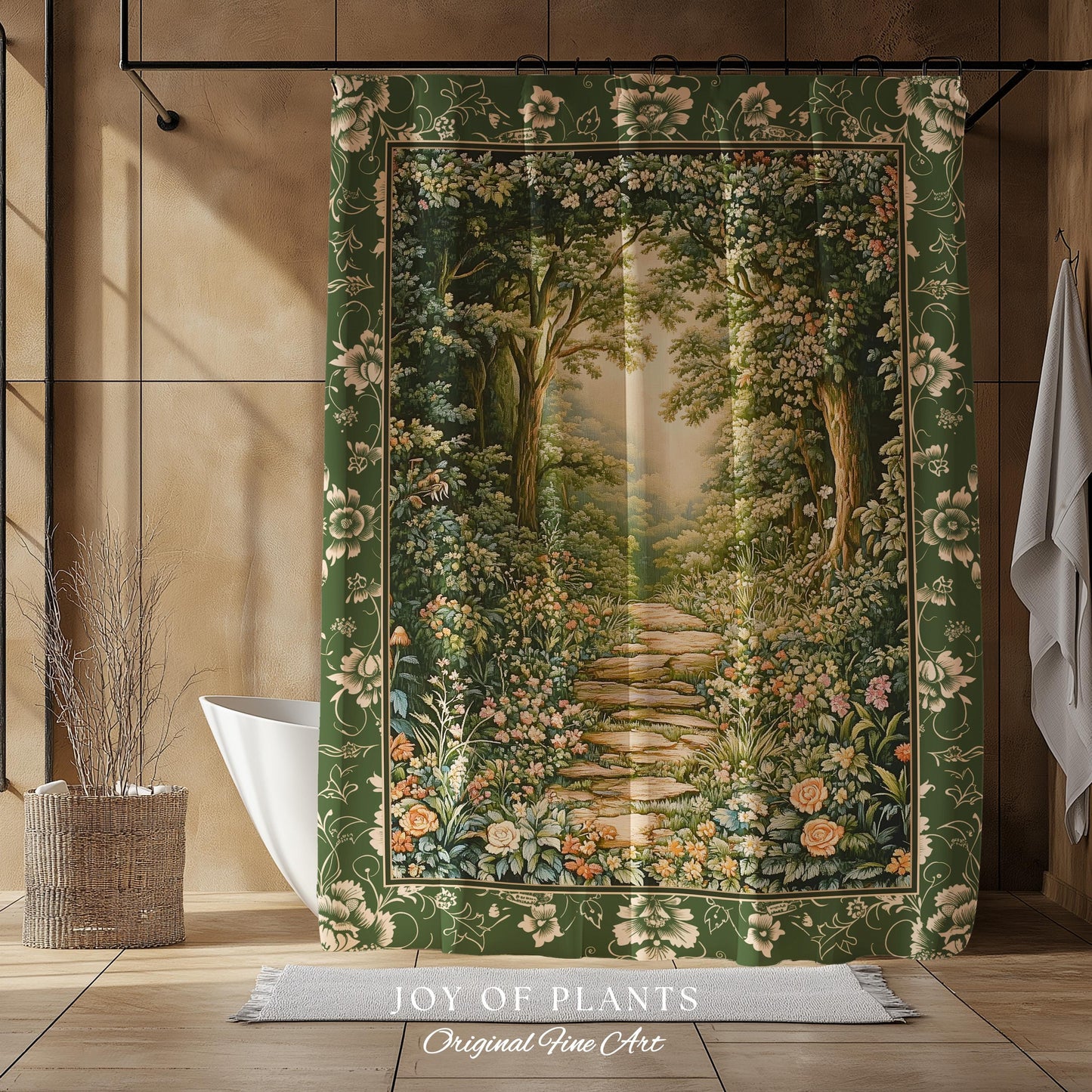 Mystic Garden Fairytale Landscape Shower Curtain | Fairycore Woodland Nature Lover Aesthetic Cozy Earthy Bathroom Decor Whimsical Floral |