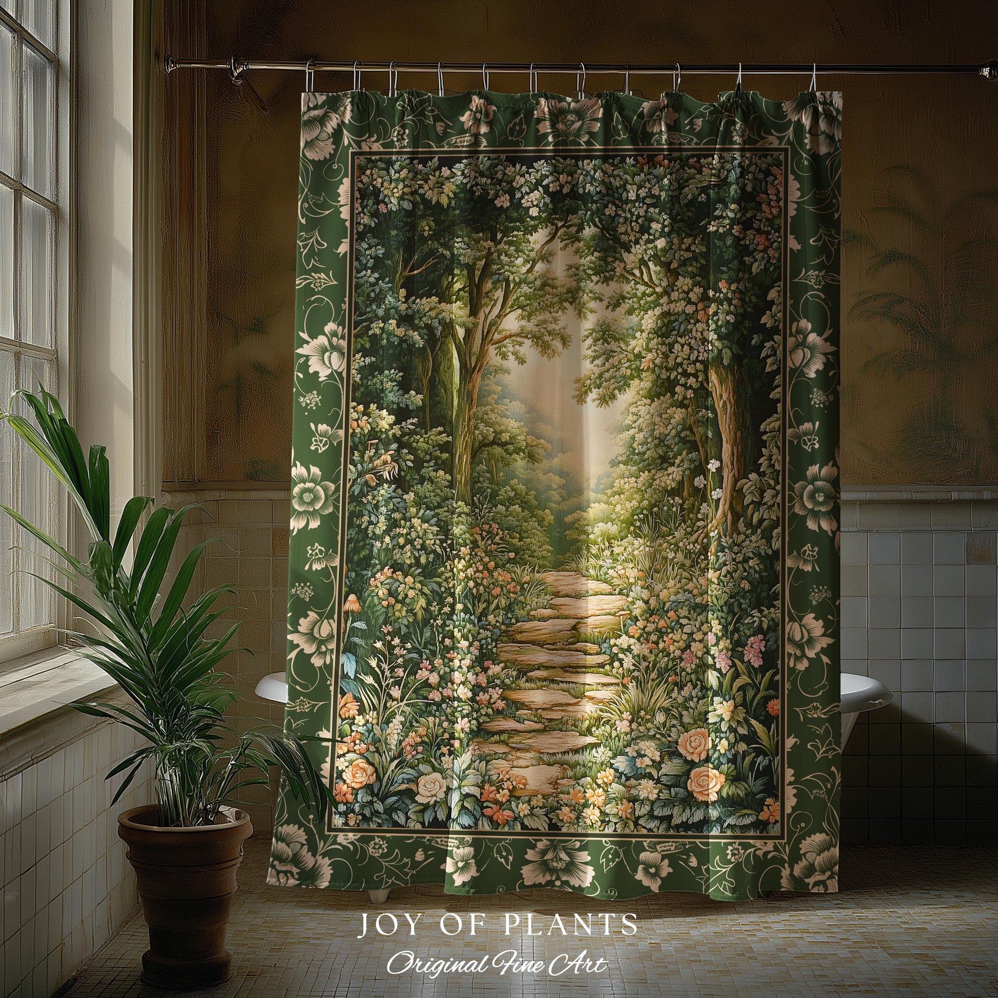 Mystic Garden Fairytale Landscape Shower Curtain | Fairycore Woodland Nature Lover Aesthetic Cozy Earthy Bathroom Decor Whimsical Floral |