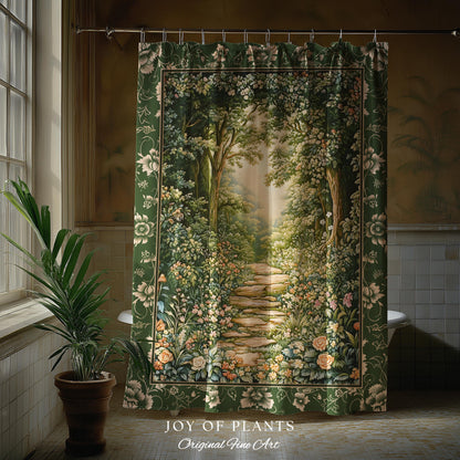 Mystic Garden Fairytale Landscape Shower Curtain | Fairycore Woodland Nature Lover Aesthetic Cozy Earthy Bathroom Decor Whimsical Floral |