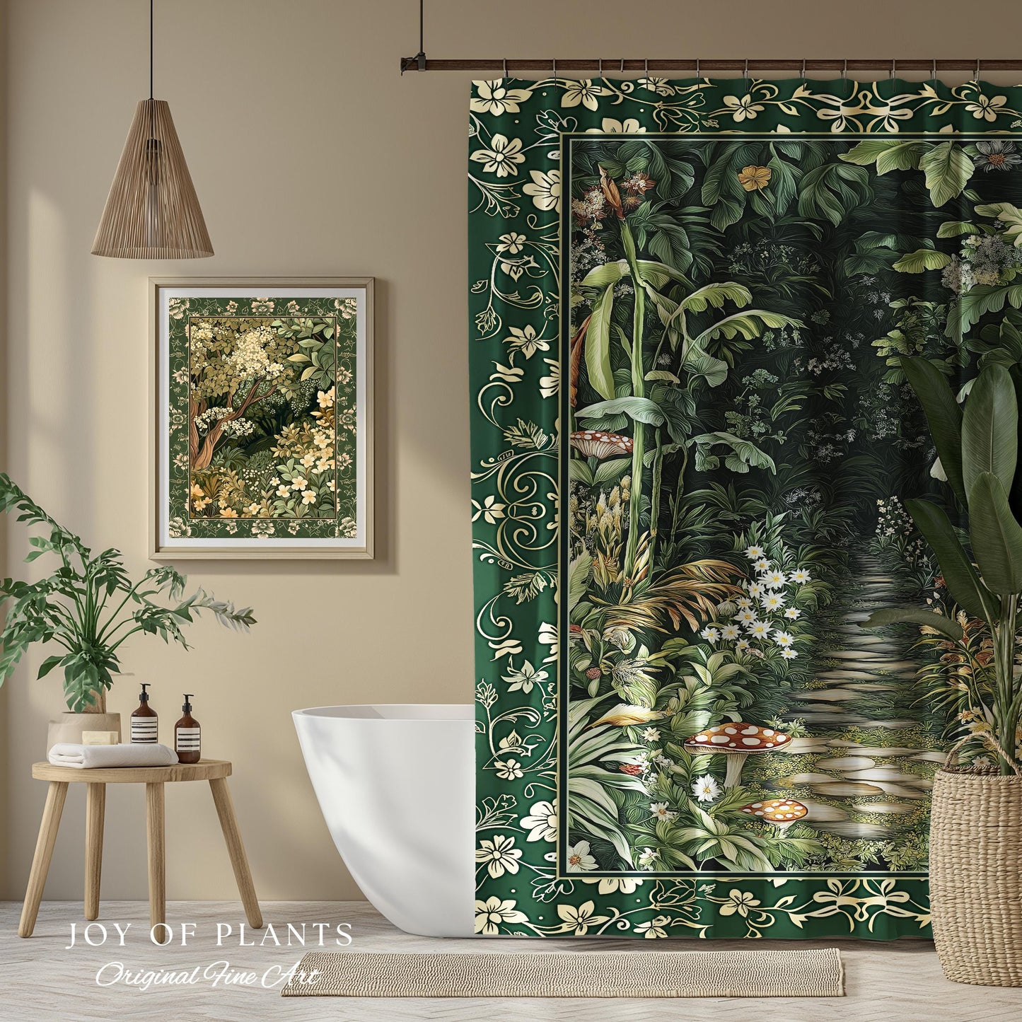 Soft Green Woodland Shower Curtain for Bathroom | Fairycore Woodland Nature Lover Book Nook Cozy Earthy Decor Jungle Whimsical Aesthetic |