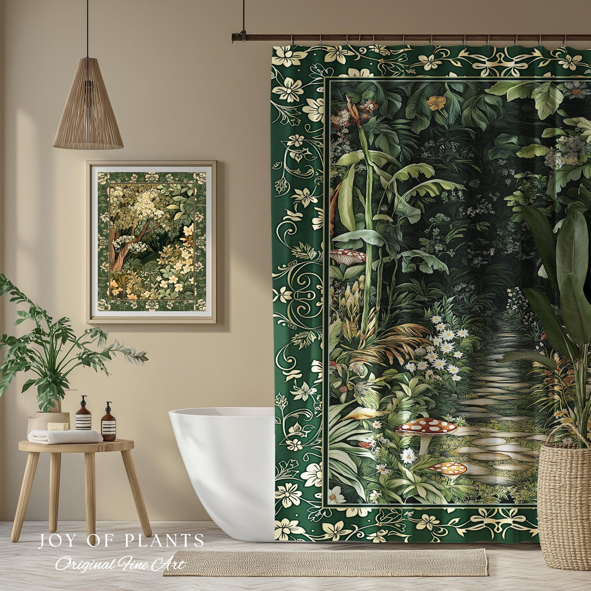 Soft Green Woodland Shower Curtain for Bathroom | Fairycore Woodland Nature Lover Book Nook Cozy Earthy Decor Jungle Whimsical Aesthetic |