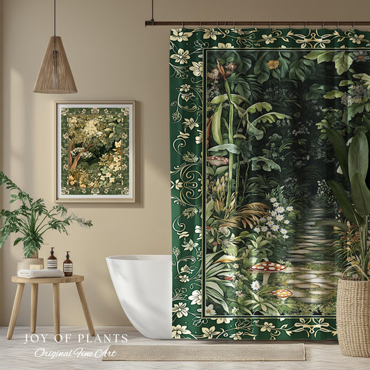 Soft Green Woodland Shower Curtain for Bathroom | Fairycore Woodland Nature Lover Book Nook Cozy Earthy Decor Jungle Whimsical Aesthetic |