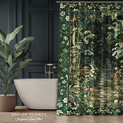 Soft Green Woodland Shower Curtain for Bathroom | Fairycore Woodland Nature Lover Book Nook Cozy Earthy Decor Jungle Whimsical Aesthetic |