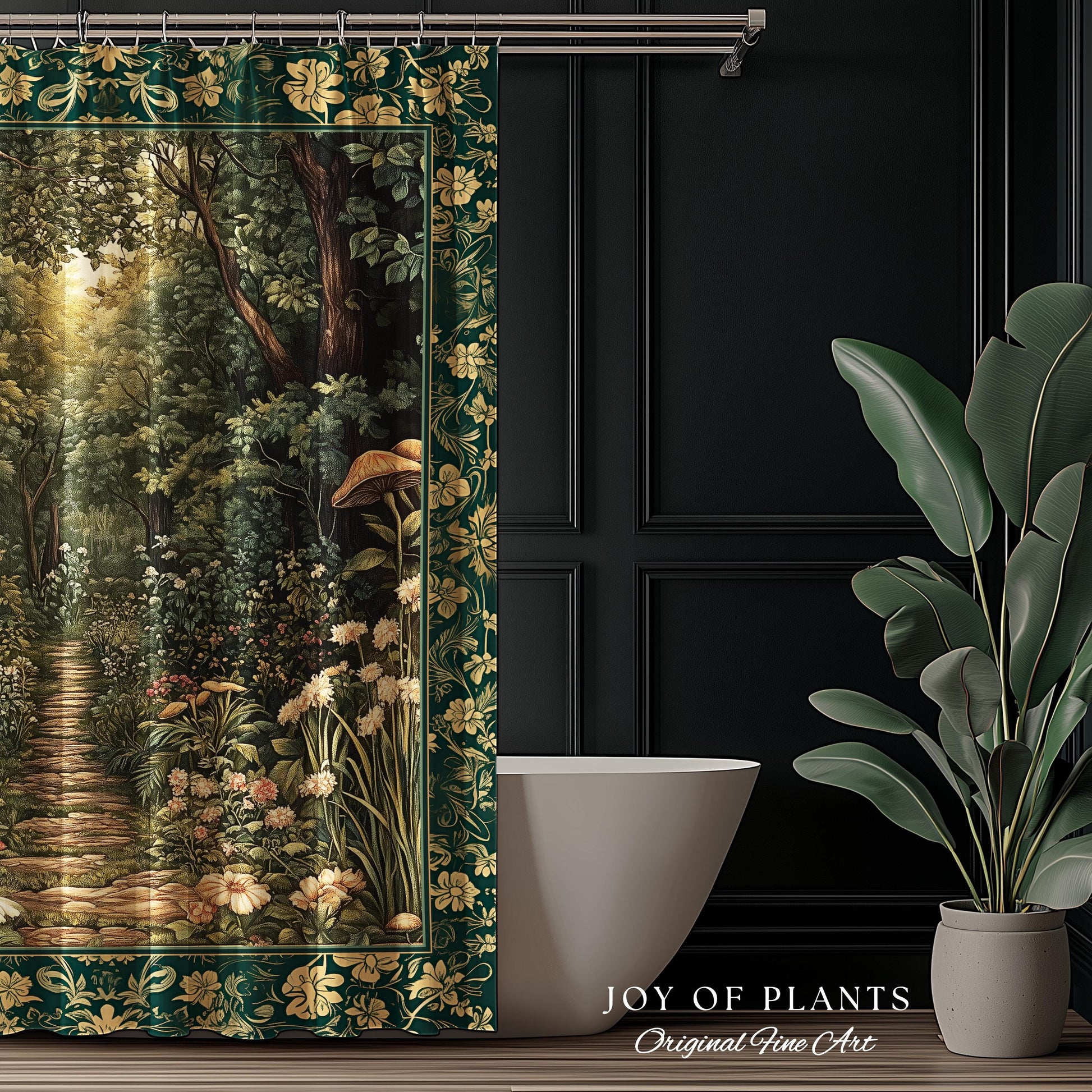 Botanical Bathroom Shower Curtain Fairycore | Woodland Mushroom Aesthetic Nature Lover Bookish Style Mushroom Fairy Core Emerald Green Decor