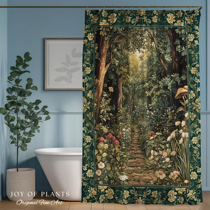 Botanical Bathroom Shower Curtain Fairycore | Woodland Mushroom Aesthetic Nature Lover Bookish Style Mushroom Fairy Core Emerald Green Decor