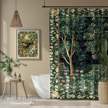Medieval Forest Botanical Bathroom Accent | Woodland Botanical Emerald Green Vintage Aesthetic Mystic Storybook Shower Curtain Magical Style