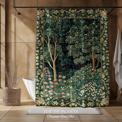 Medieval Forest Botanical Bathroom Accent | Woodland Botanical Emerald Green Vintage Aesthetic Mystic Storybook Shower Curtain Magical Style
