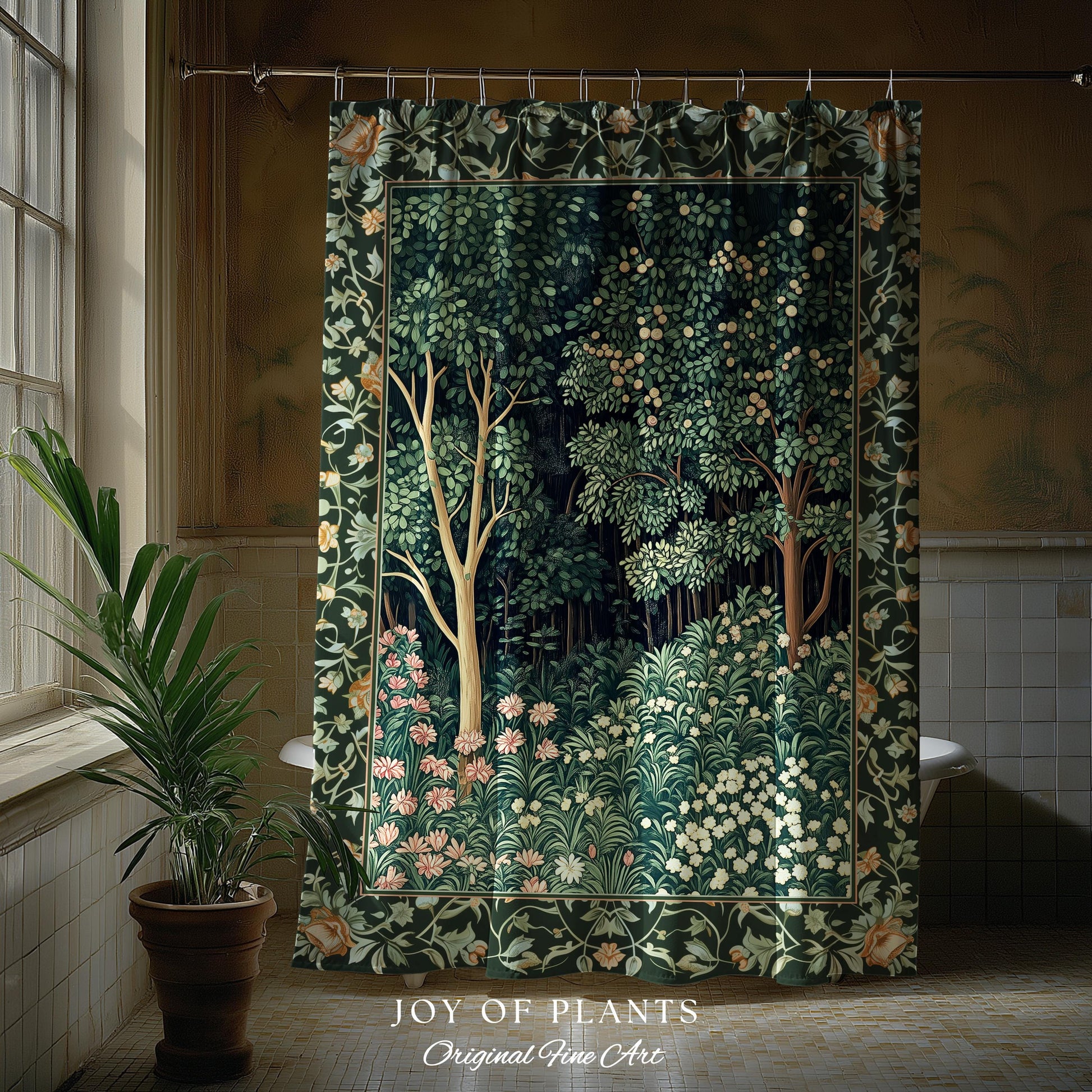 Medieval Forest Botanical Bathroom Accent | Woodland Botanical Emerald Green Vintage Aesthetic Mystic Storybook Shower Curtain Magical Style