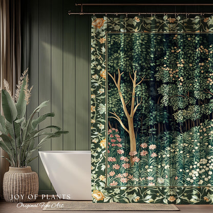 Medieval Forest Botanical Bathroom Accent | Woodland Botanical Emerald Green Vintage Aesthetic Mystic Storybook Shower Curtain Magical Style
