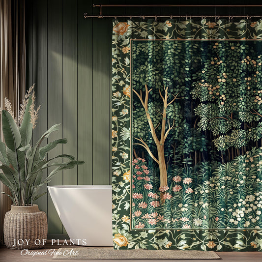 Medieval Forest Botanical Bathroom Accent | Woodland Botanical Emerald Green Vintage Aesthetic Mystic Storybook Shower Curtain Magical Style