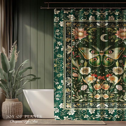 Botanical Moth Moon Shower Curtain Whimsical Floral Fairycore Enchanted Forest Green Bathroom Cottagecore Woodland Whimsy Butterfly Decor |