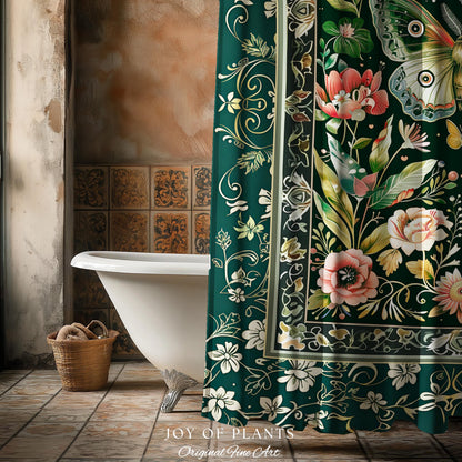 Ethereal Witchy Moth Moon Shower Curtain | Whimsical Cottagecore Dreamy Forest Bathroom Antique Green Celestial Woodland Whimsy Butterfly |