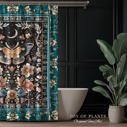 Boho Moth Moon Fairycore Shower Curtain Teal Bohemian Butterfly Floral | Whimsical Celestial Teal Dark Cottagecore Bathroom Maximalist Decor