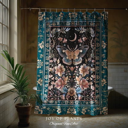 Boho Moth Moon Fairycore Shower Curtain Teal Bohemian Butterfly Floral | Whimsical Celestial Teal Dark Cottagecore Bathroom Maximalist Decor