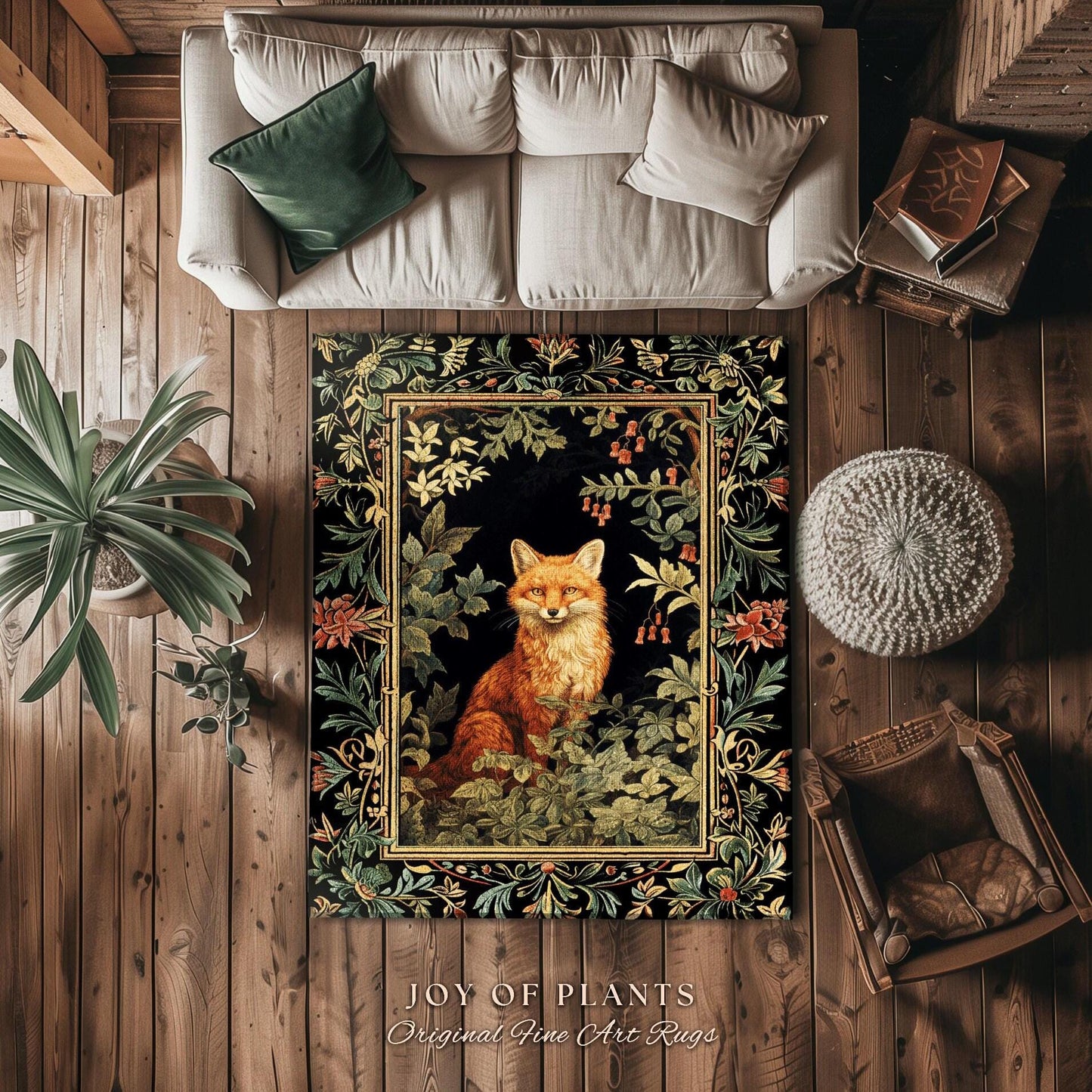 Woodland Whimsical Round Fox Rug Botanical Nature Bedroom Decor Morris Inspired Cottagecore, Soft Forestcore Dark Academia Folklore Fox Rug
