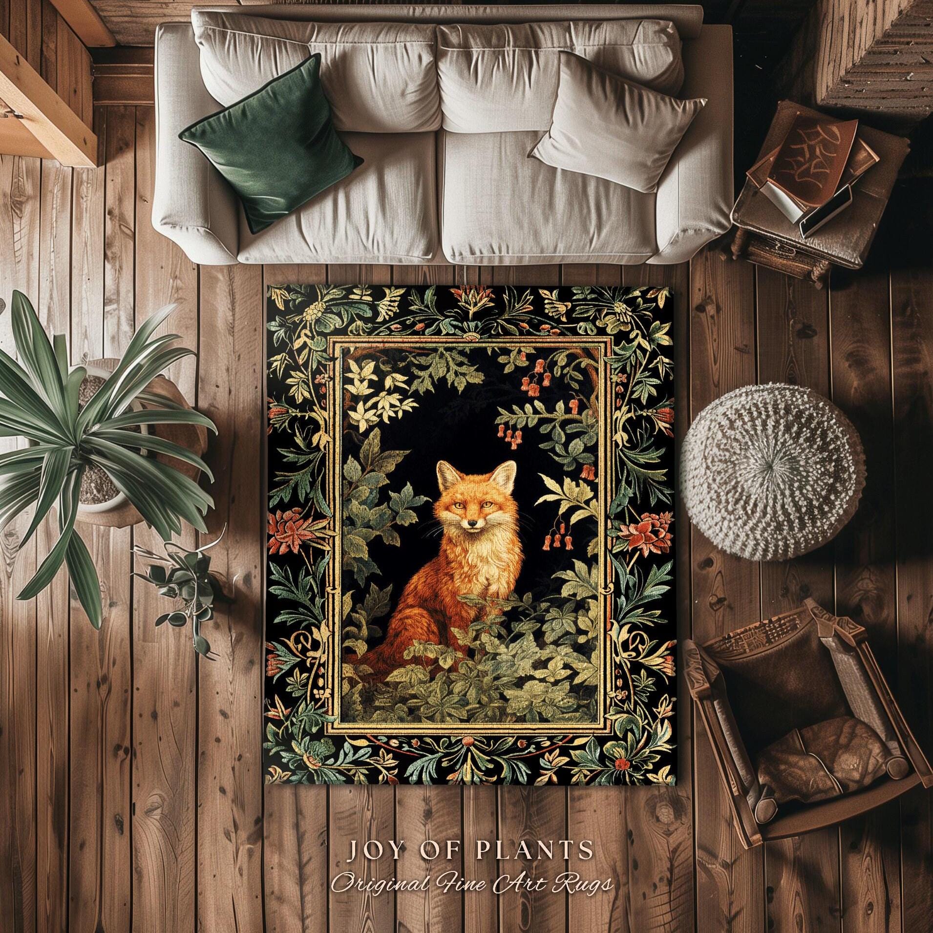 Woodland Whimsical Round Fox Rug Botanical Nature Bedroom Decor Morris Inspired Cottagecore, Soft Forestcore Dark Academia Folklore Fox Rug