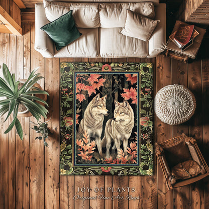 Woodsy Aesthetic Wolf Area Rug | Mystic Aesthetic Dark Cottagecore Botanical Fantasy Inspired Home Accent Rug Nature Themed Woodland Bedroom