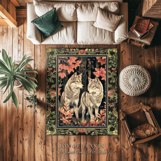 Woodsy Aesthetic Wolf Area Rug | Mystic Aesthetic Dark Cottagecore Botanical Fantasy Inspired Home Accent Rug Nature Themed Woodland Bedroom