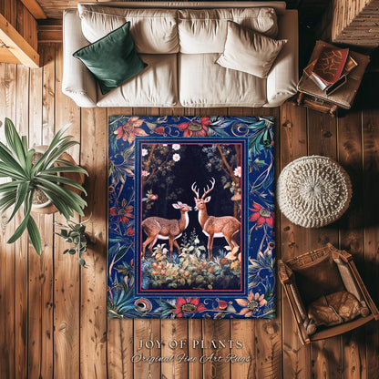 Misty Indigo Woods Ethereal Deer Rug | Woodland Spirit Nature Botanical Home Accent Fairycore Dark Academia Bedroom Whimsical Folklore Theme