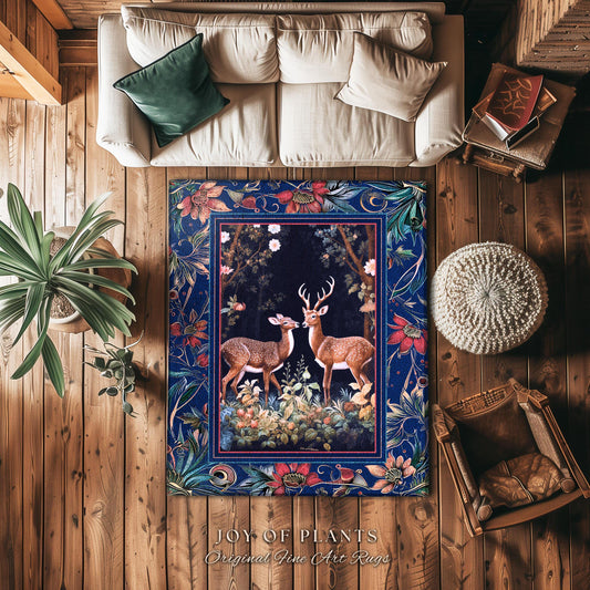 Misty Indigo Woods Ethereal Deer Rug | Woodland Spirit Nature Botanical Home Accent Fairycore Dark Academia Bedroom Whimsical Folklore Theme