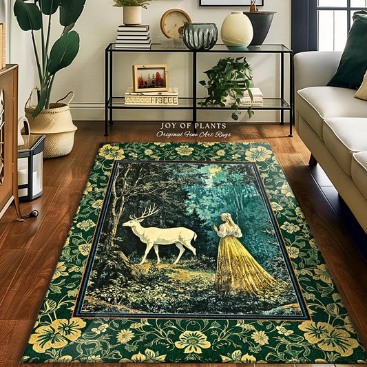 Dreamy Fairytale Forest Deer Rug | Folklore Inspired Ethereal Nature Area Rug Woodland Bedroom Botanical Carpet Elegance Magical Mystic Art