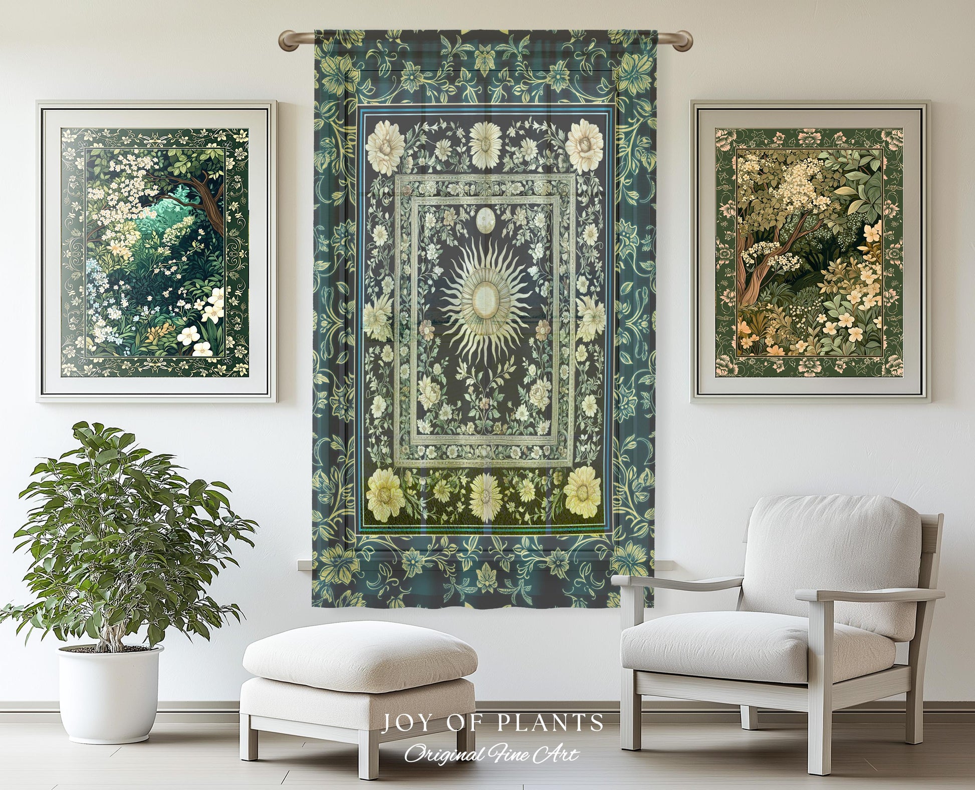 Witchy Celestial Sun Curtain | Magical Mystical Cozy Window Drapes Astrology Tapestry Spiritual Golden Sun Dark Academia Maximalist Bohemian