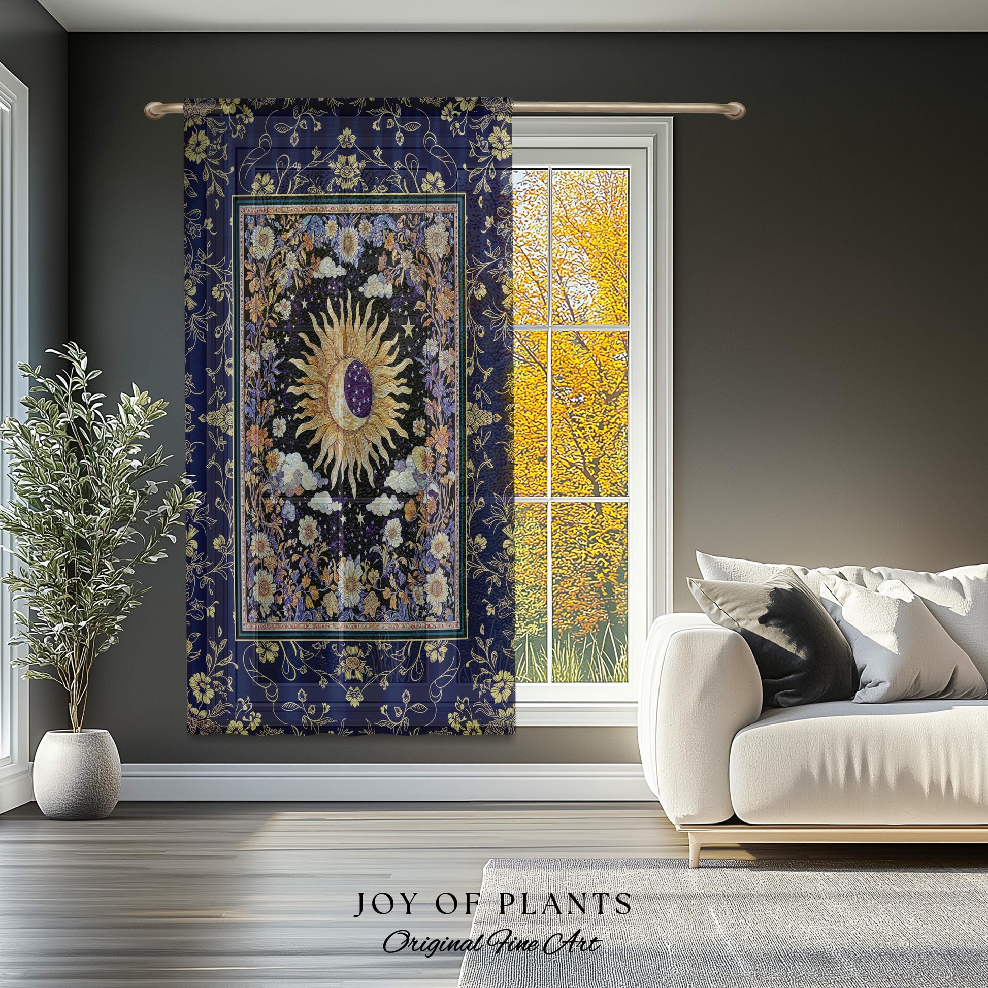 Cosmic Whimsy Fairycore Curtain | Ethereal Sun Drapes for Celestial Bedroom Floral Tarot Theme Sun and Moon Colorful Maximalist Witchy Style