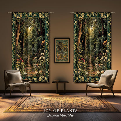 Botanical Bedroom Curtain Fairycore | Woodland Mushroom Aesthetic Nature Lover Bookish Style Mushroom Drapes Fairy Core Emerald Green Decor