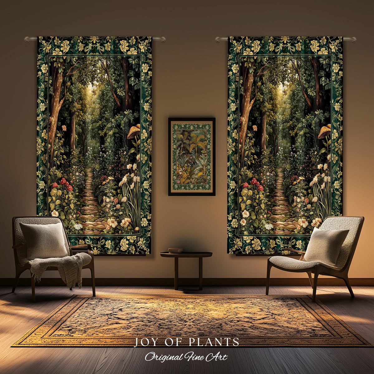 Botanical Bedroom Curtain Fairycore | Woodland Mushroom Aesthetic Nature Lover Bookish Style Mushroom Drapes Fairy Core Emerald Green Decor