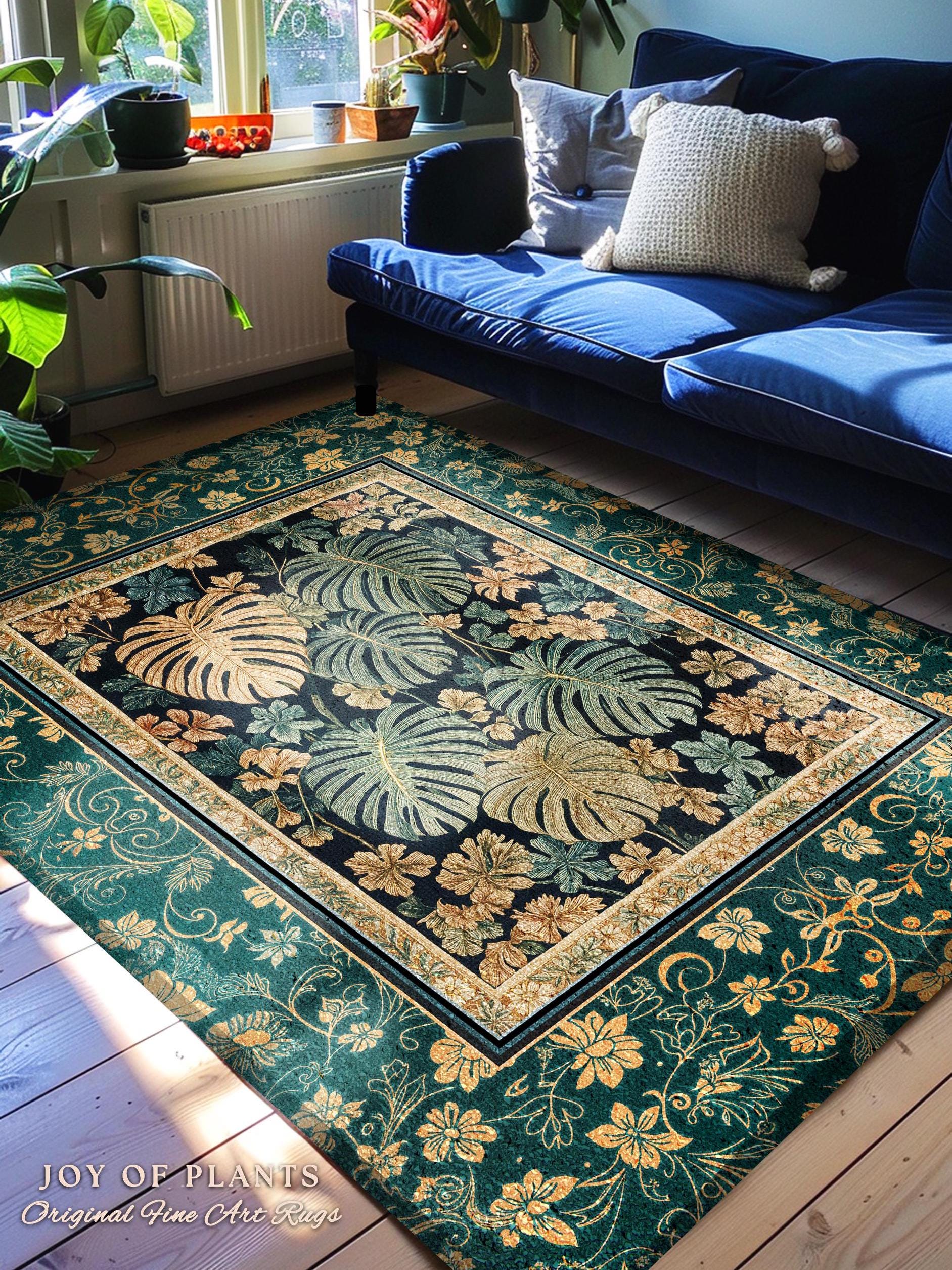 Unique Monstera Print Botanical Rug | Elegant Greenhouse Statement Rug Woodland Decor Houseplant Love Moody Jungle Vibe Tropical Area Rug |