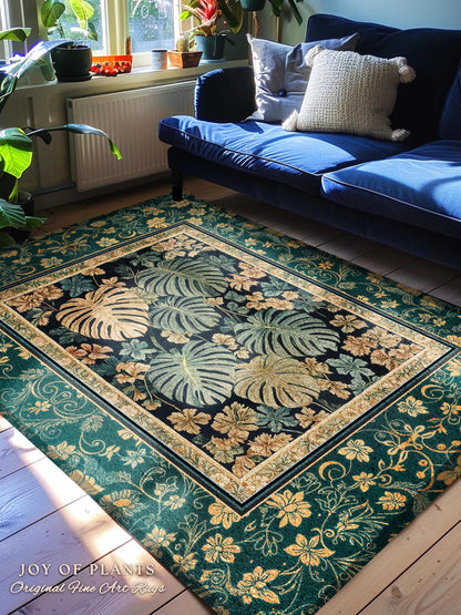 Unique Monstera Print Botanical Rug | Elegant Greenhouse Statement Rug Woodland Decor Houseplant Love Moody Jungle Vibe Tropical Area Rug |